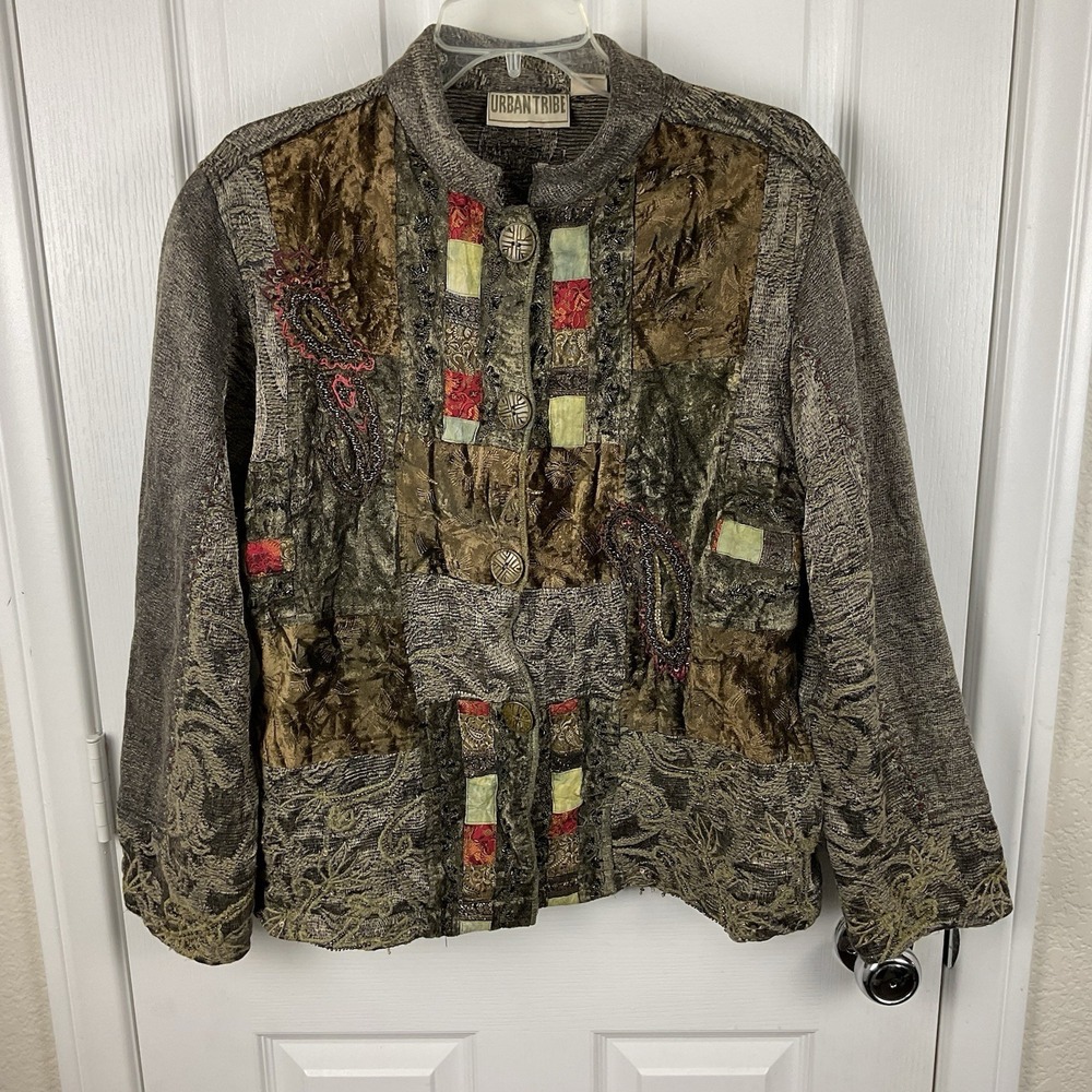 Vtg Urban Tribe Patchwork Tapestry Velvet Beaded Art to Wear Boho Gypsy Jacket L